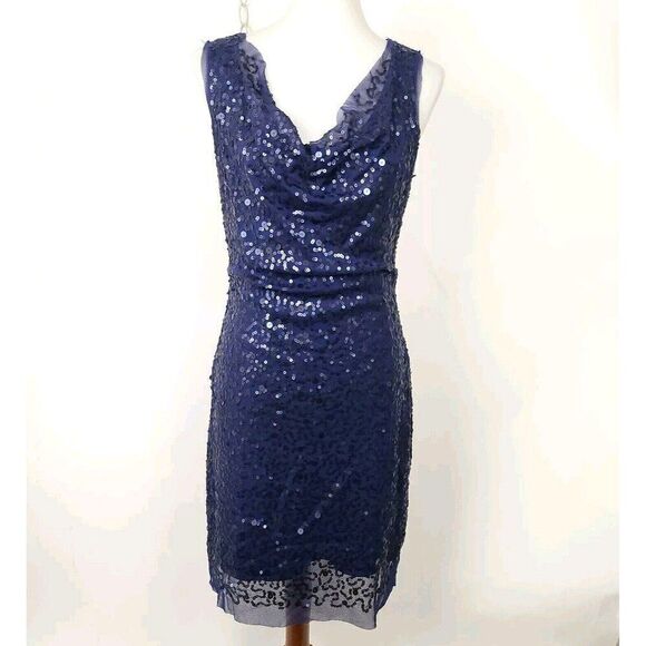 Max Studio Navy Blue Sequin Sleeveless Draped Neck Sleeveless Cocktail Dress L - Picture 1 of 6
